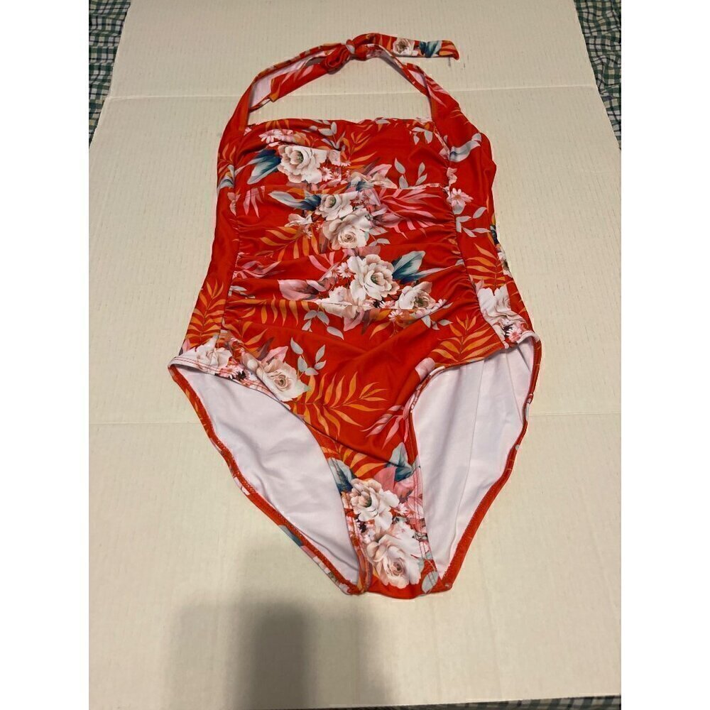 Women's One Piece Tummy Control Floral Swimsuit Halter Scallop Trim Ruched Bathi